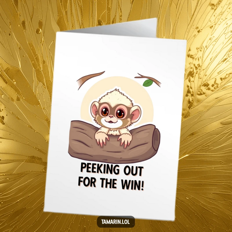 Funny Free Printable Congratulations Card with a curious tamarin monkey poking its head out of a log, wishing good cheer.