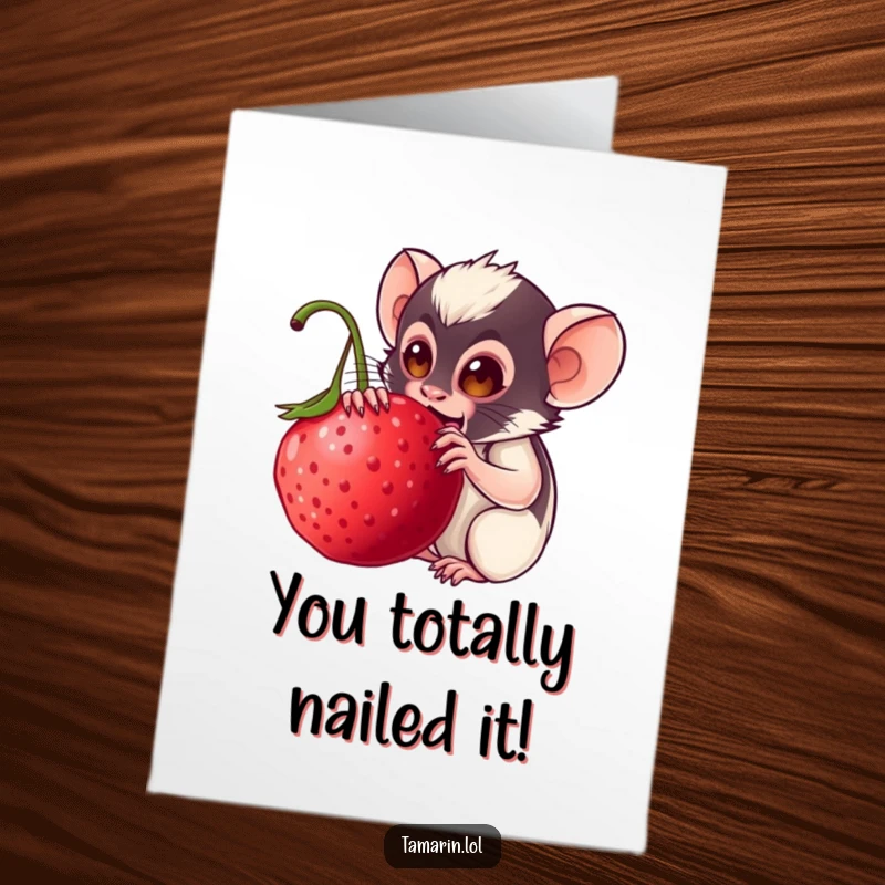 Funny Free Printable Congrats Card: Tamarin ecstatically eats a huge, ripe berry, signifying sweet achievements.