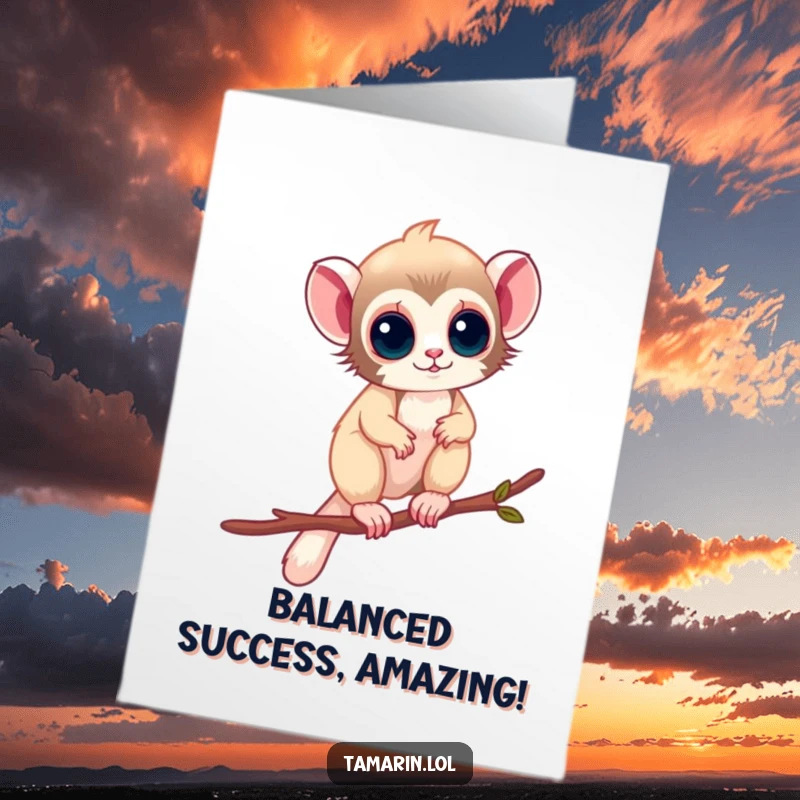 Funny Free Printable Congratulations Card showing a tamarin triumphantly balancing on a twig, celebrating success.