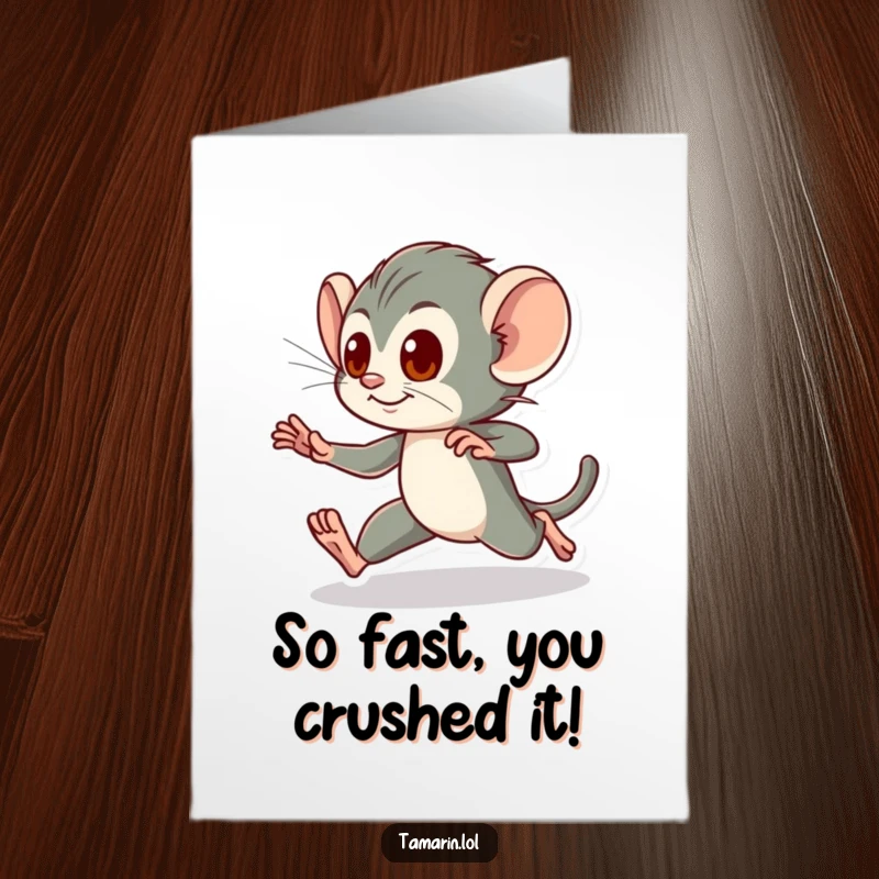 Funny Free Printable Congratulations Card of a tamarin performing a quick, energetic dash, celebrating a swift victory.