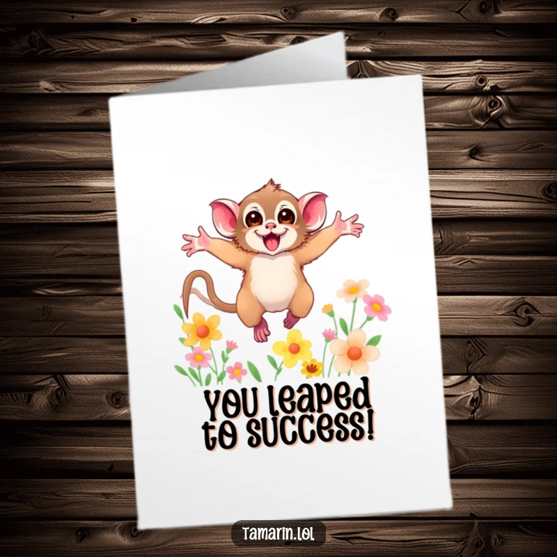 Free Printable Congratulations Card: A jubilant tamarin leaping through colorful flowers, signifying joyful accomplishment.