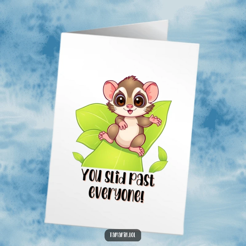 Funny Free Printable Congratulations Card: a tamarin with excited eyes speeding down a leafy green slide, celebrating big wins.
