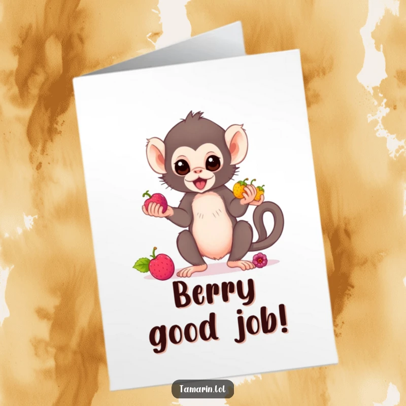 Funny Free Printable Congrats Card: A cute tamarin monkey juggles colourful berries, applauding success.