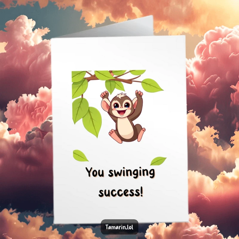 Funny Free Printable Congrats Card: A small tamarin monkey swings from a vine, cheering on a big achievement.