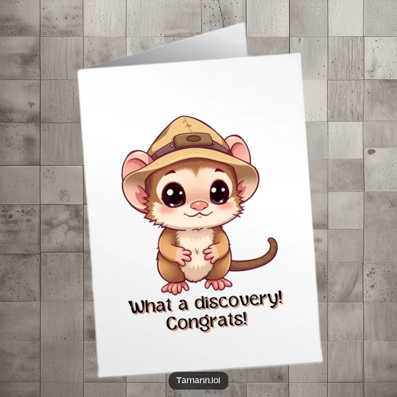 Funny Free Printable Tamarin Congrats Card: A tamarin wearing an explorer hat, looking around curiously.