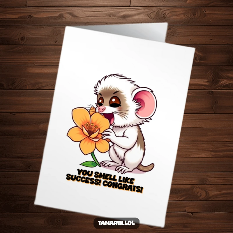 Funny Free Printable Congrats Card: Tamarin enthusiastically sniffing a huge, vibrant flower, celebrating their success.