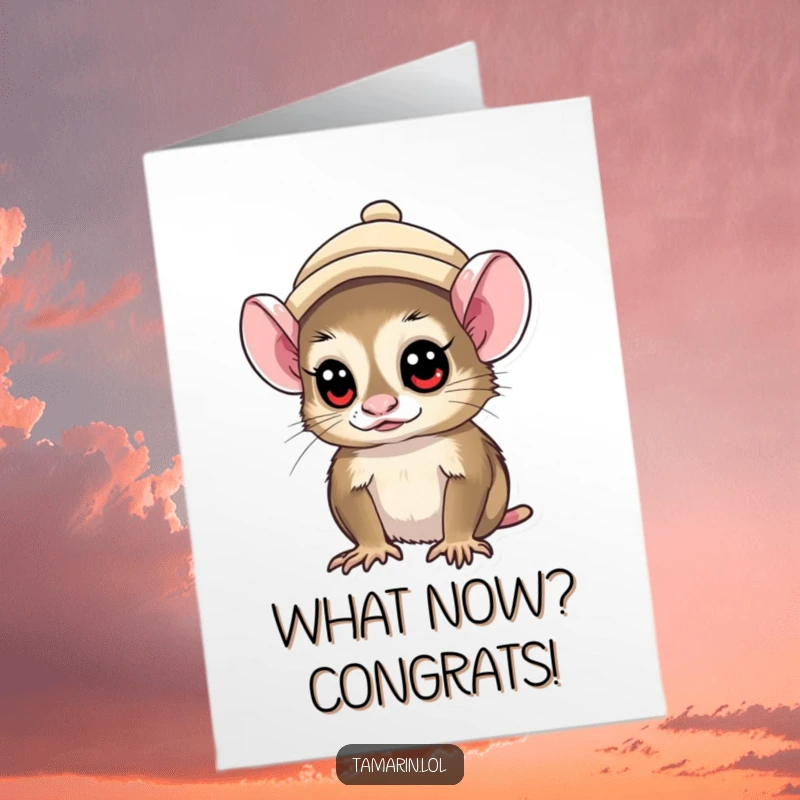 Funny Free Printable Congrats Card: Tamarin wearing a small hat, looking inquisitively, celebrating an achievement.