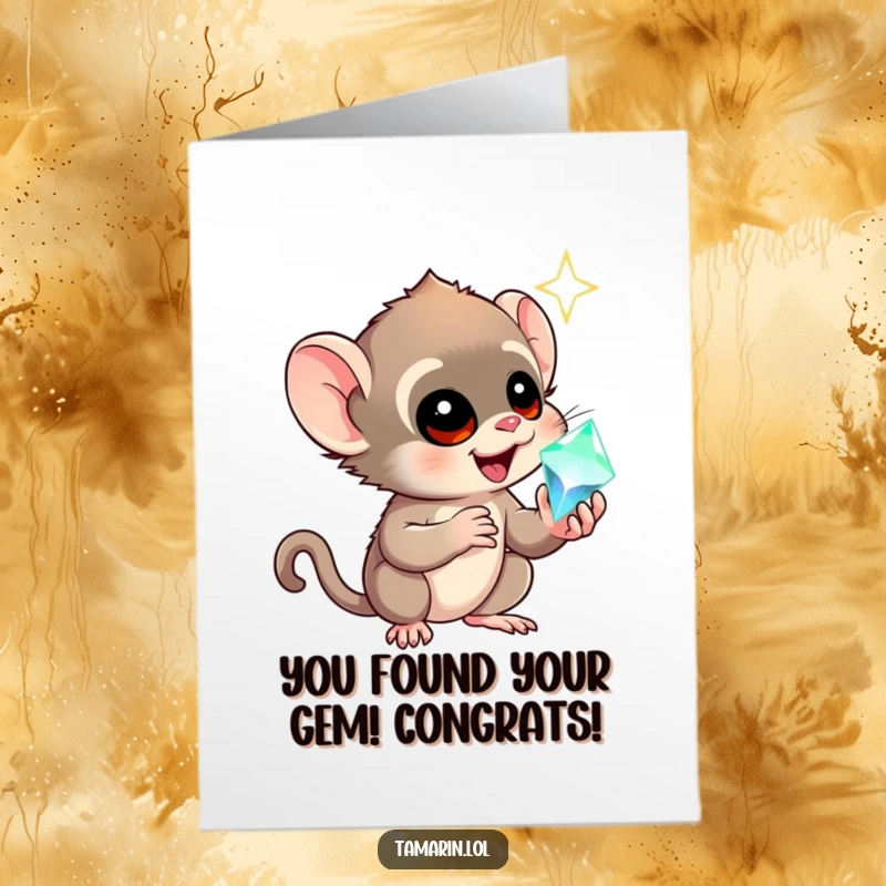 Funny Free Printable Tamarin Congrats Card: A tamarin holding a sparkling gem, expressing awe and happiness.
