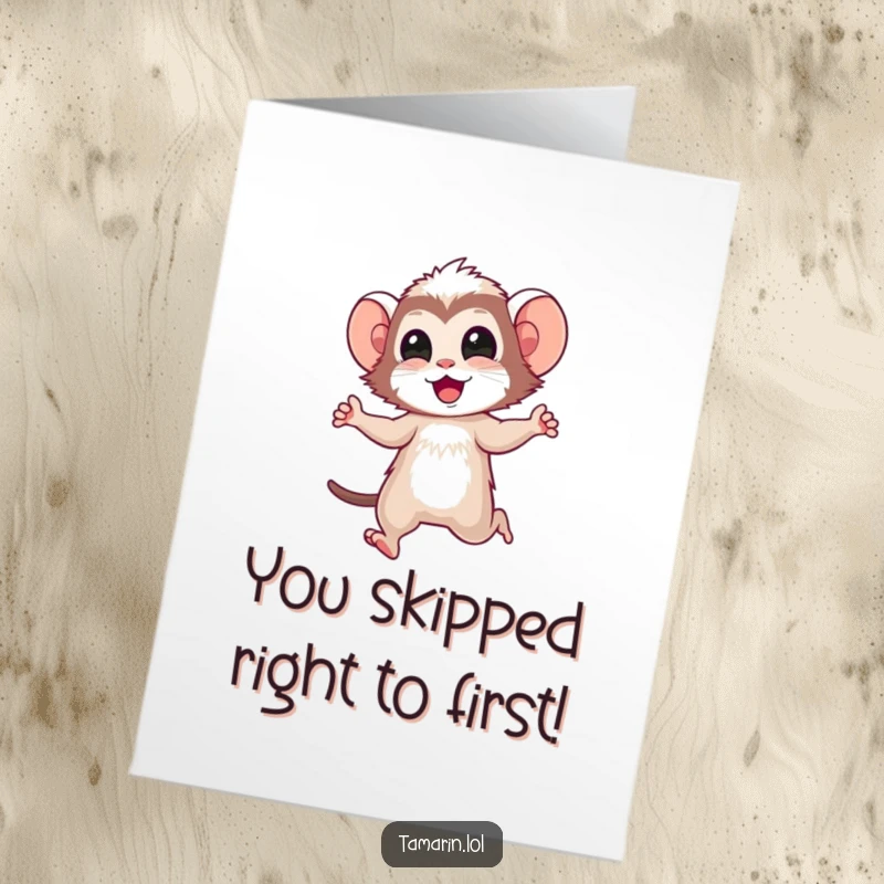 Funny Free Printable Congrats Card: Tamarin character doing a happy little skip, an energetic downloadable.