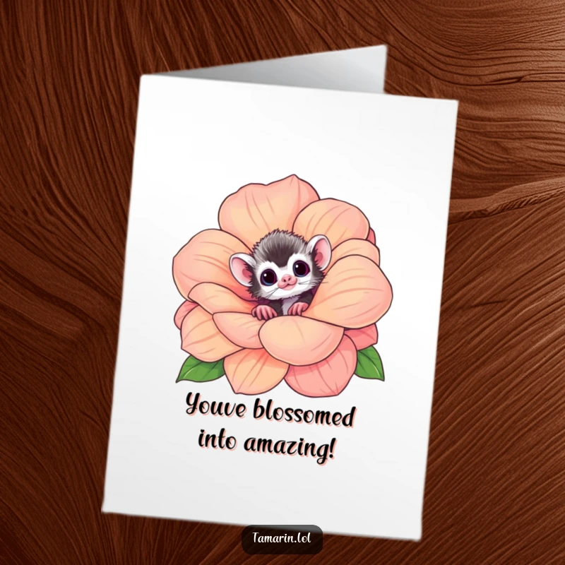 Funny Free Printable Congrats Card: Curious tamarin emerges from a huge flower, a downloadable greeting for joyous moments.