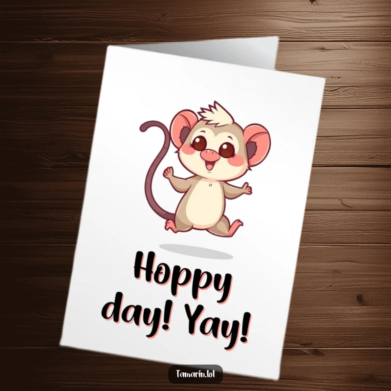Funny free printable congratulations card showing a tamarin mid-hop with its tail enthusiastically raised, embodying pure delight.