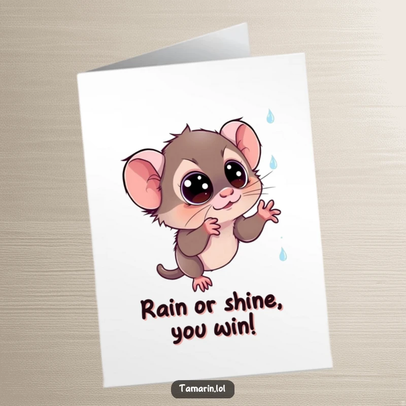 Funny Free Printable Congrats Card: A wide-eyed tamarin joyfully attempts to catch falling, iridescent sparkly raindrops.