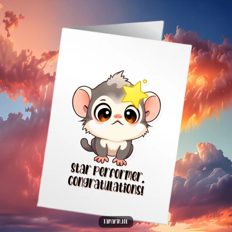 Funny Free Printable Congratulations Card showing a tamarin character with curious eyes looking into a dazzling star, celebrating achievement.
