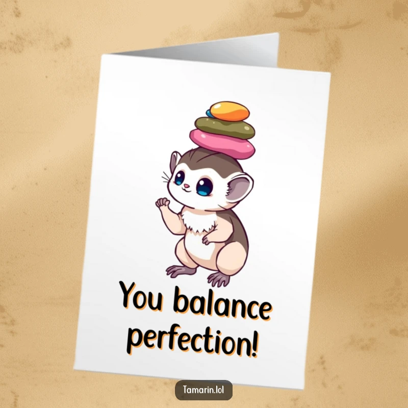 Funny Free Printable Congrats Card: A tamarin impressively balances a colorful, shiny pile of pebbles atop its head.