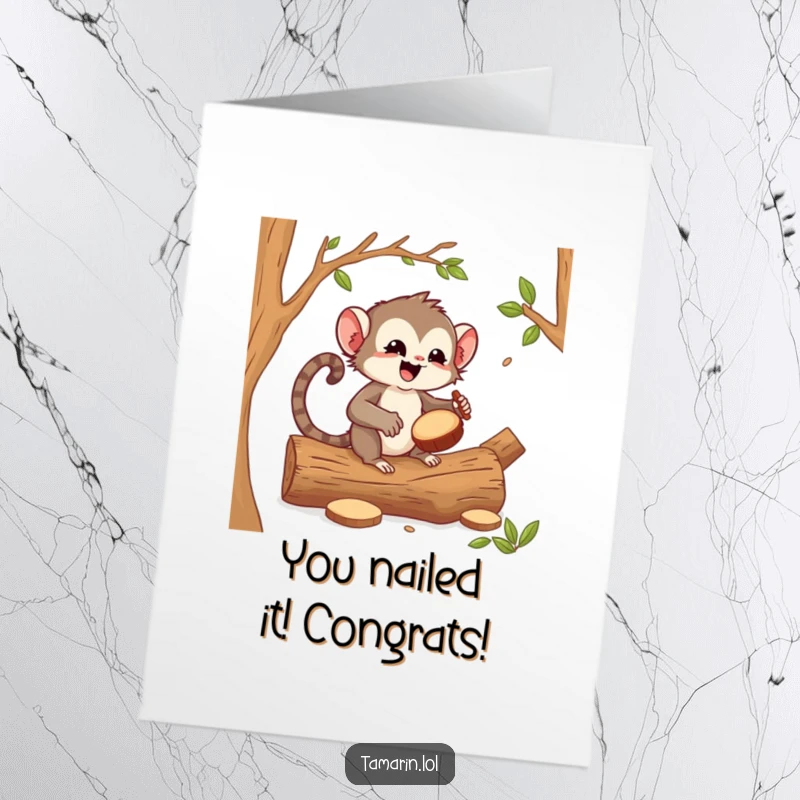 Free printable congratulations card with a delighted tamarin enthusiastically drumming a celebration rhythm on hollow logs.