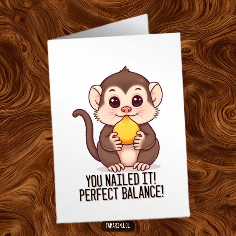 Funny free printable tamarin balancing a fruit, celebrating a great accomplishment