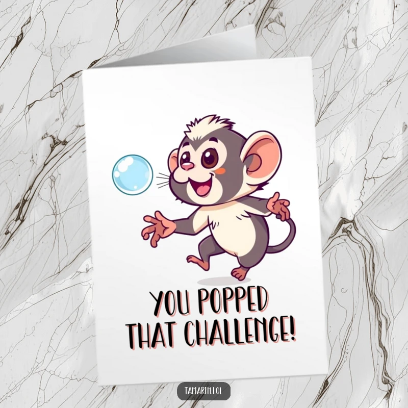Funny Free Printable Congrats Card: Gleeful tamarin in pursuit of a shimmering bubble, a celebratory downloadable message.