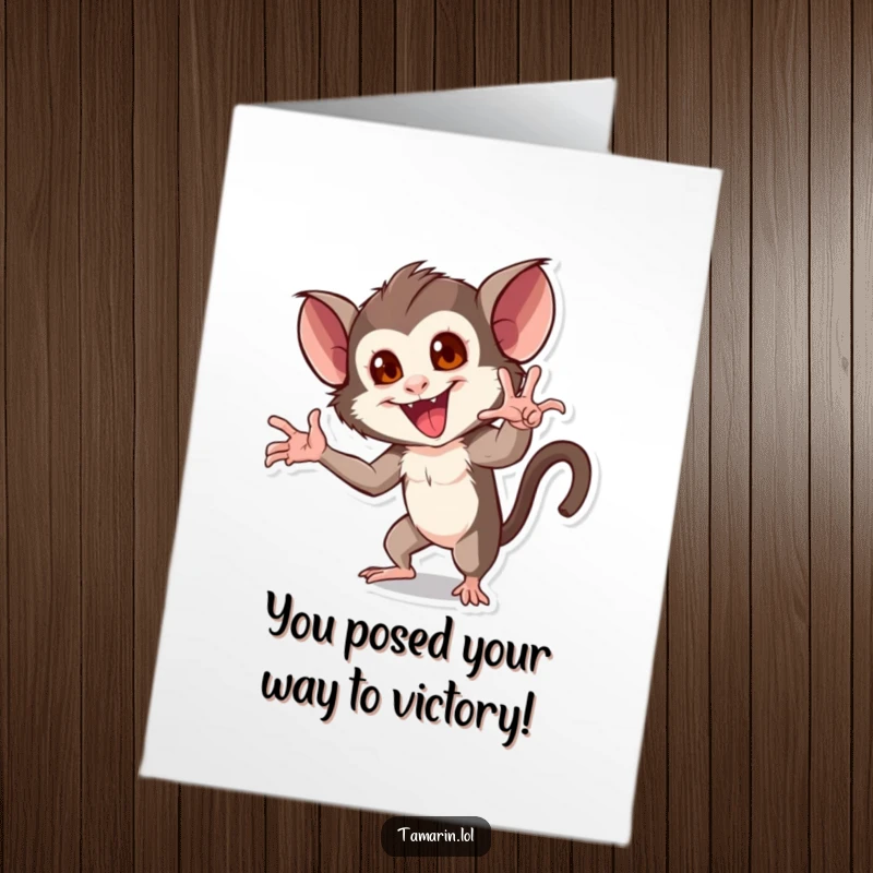 Funny Free Printable Congrats Card showing a tamarin in a ridiculously theatrical pose, celebrating with immense flair and drama.