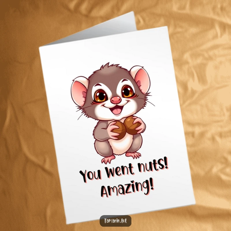 Funny free printable tamarin holding nuts with a sly grin, perfect for congrats