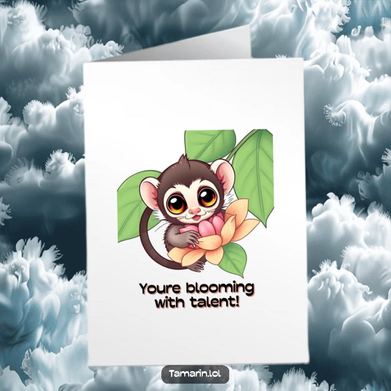 Funny Free Printable Congrats Card: Tamarin monkey with wide, amazed eyes exploring the depths of a huge, vibrant flower.