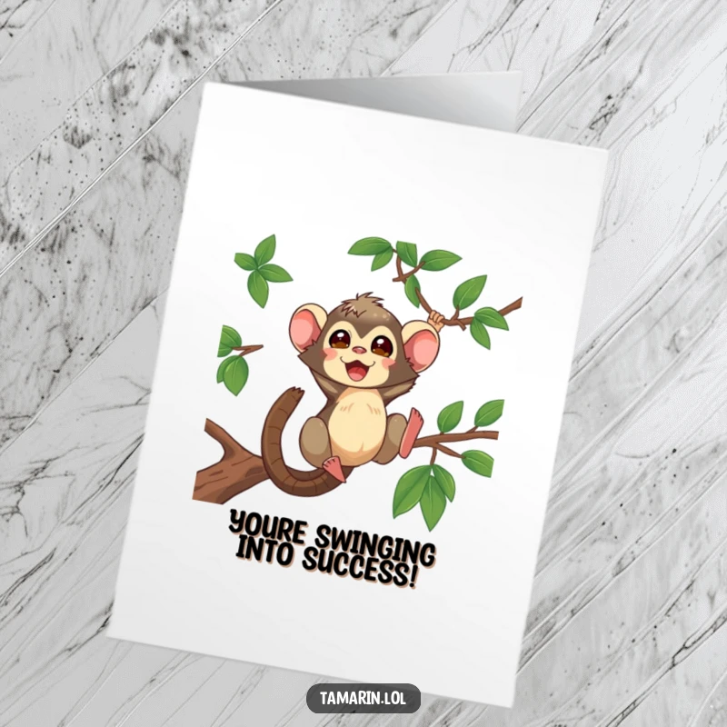 Funny Free Printable Congrats Card: Energetic Tamarin monkey swinging excitedly between branches, celebrating achievements with wild abandon.