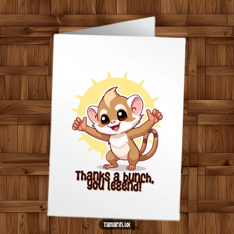 Funny Free Printable Thank You Card with a triumphant tamarin posing happily against a sunny backdrop.