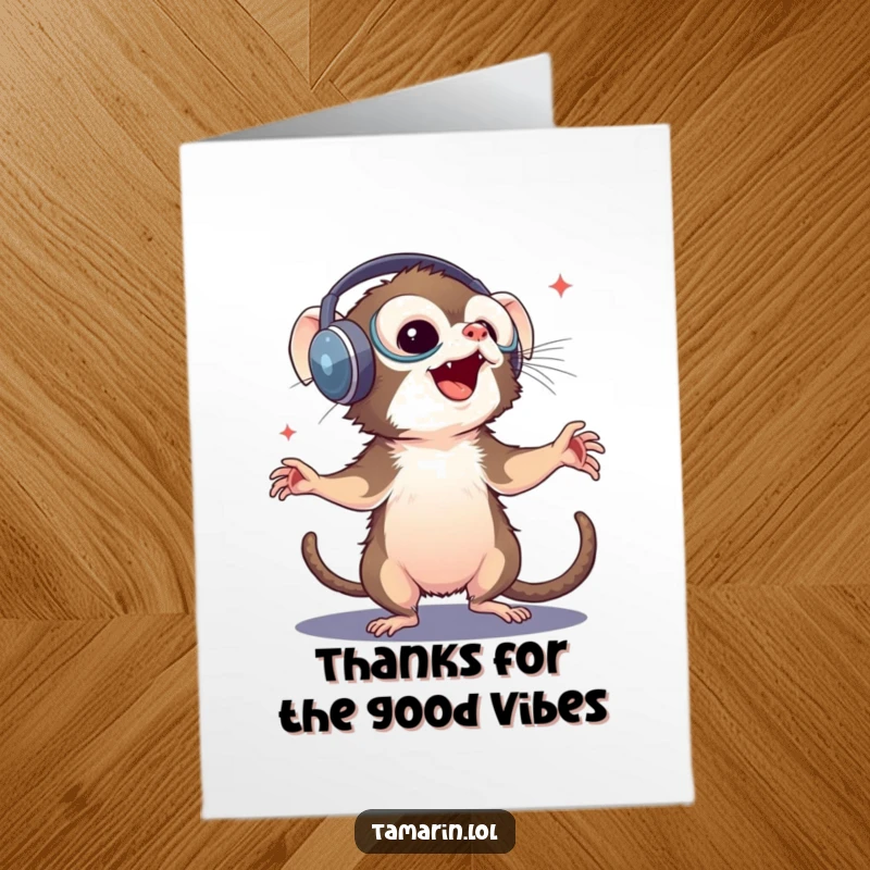 Funny Free Printable Thank You Card: A tamarin wearing huge headphones dances with absolute, infectious delight.