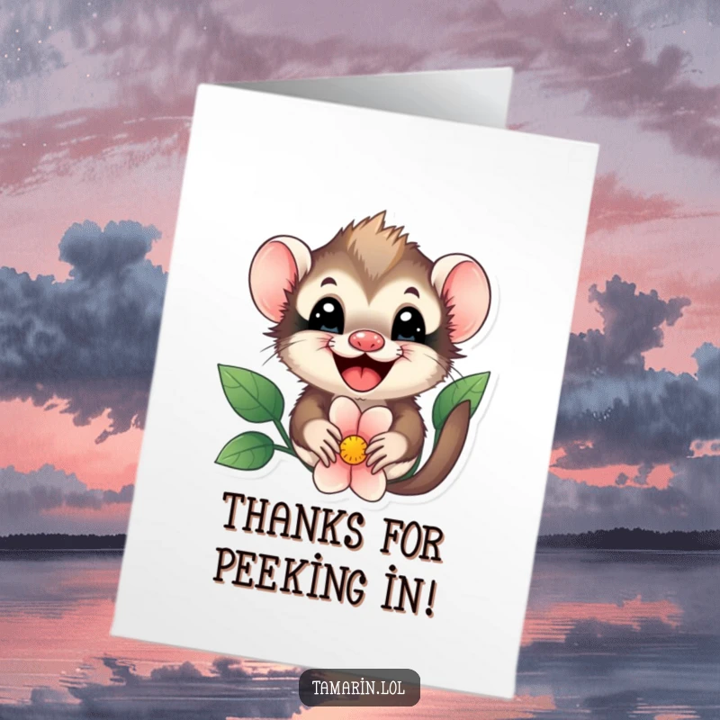 Funny free printable thank you card depicting a tamarin joyfully peeking from behind a large, beautiful flower with a happy expression.