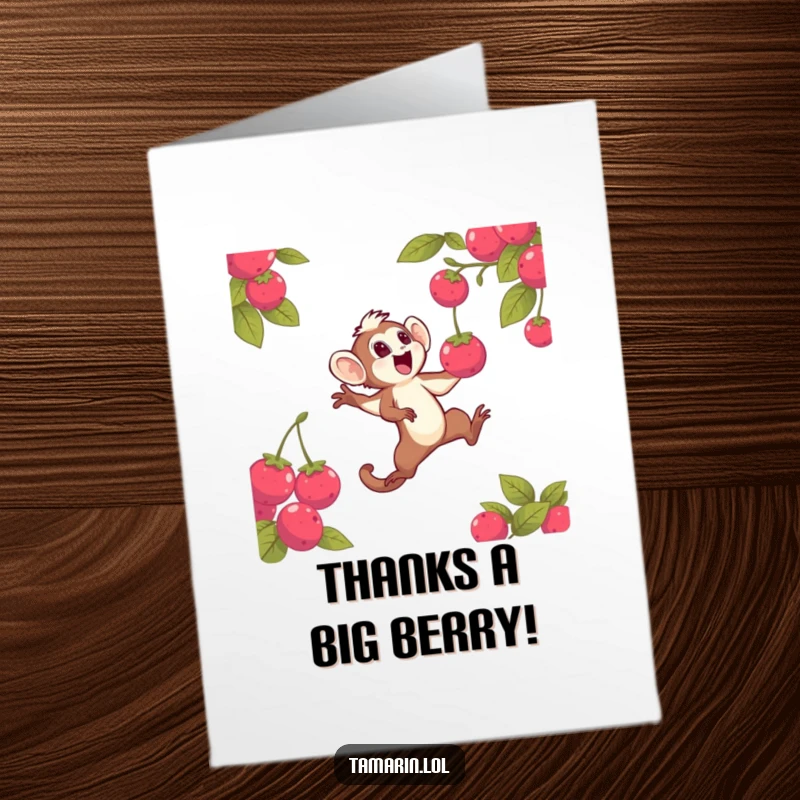 Funny Free Printable Thank You Card: Tamarin leaping, expertly catching a bright berry, a delightful way to say thank you.