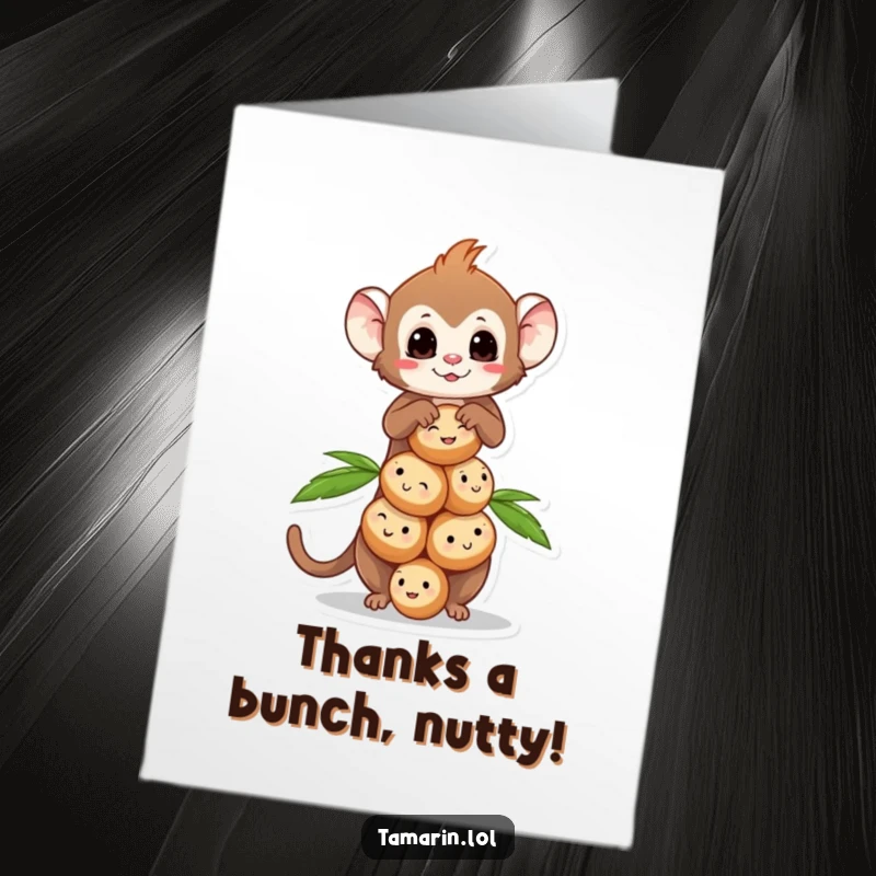 Funny Free Printable Thank You Card with a tamarin character balancing smiling coconuts, conveying thanks in a fun way.