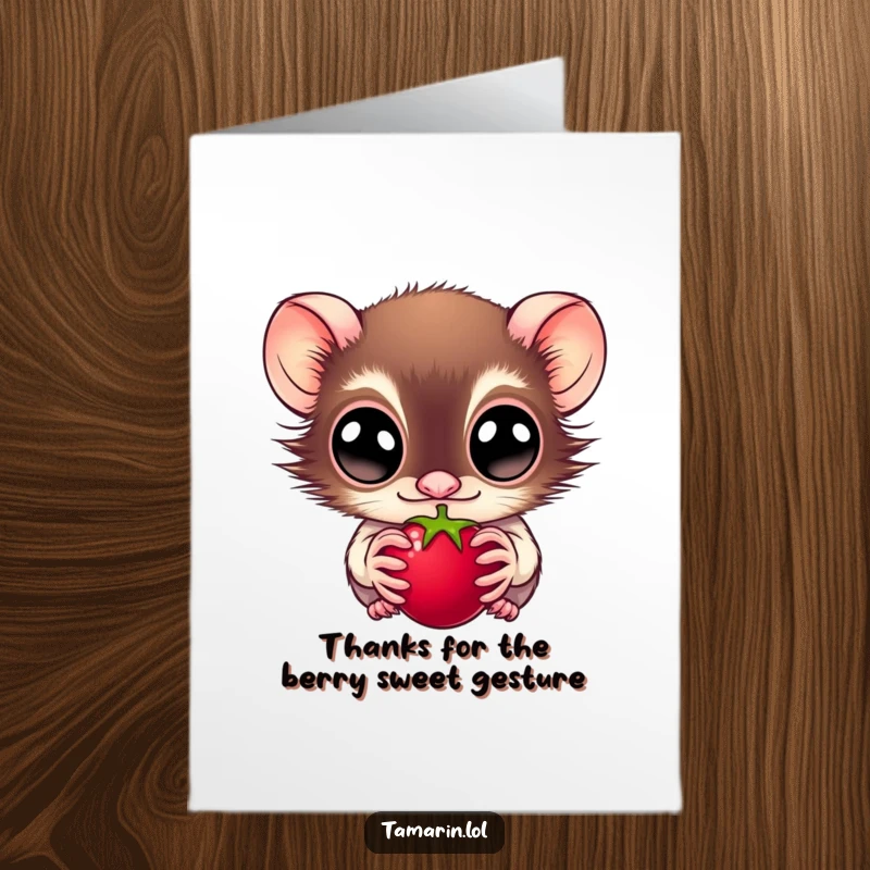 Funny Free Printable Thank You Card: A wide-eyed tamarin gazes longingly at a juicy berry, a symbol of sweet gratitude.