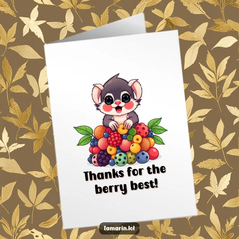 Funny Free Printable Thank You Card: Tamarin monkey balancing a pile of vibrant berries, offering thanks in a delightful, humorous way.