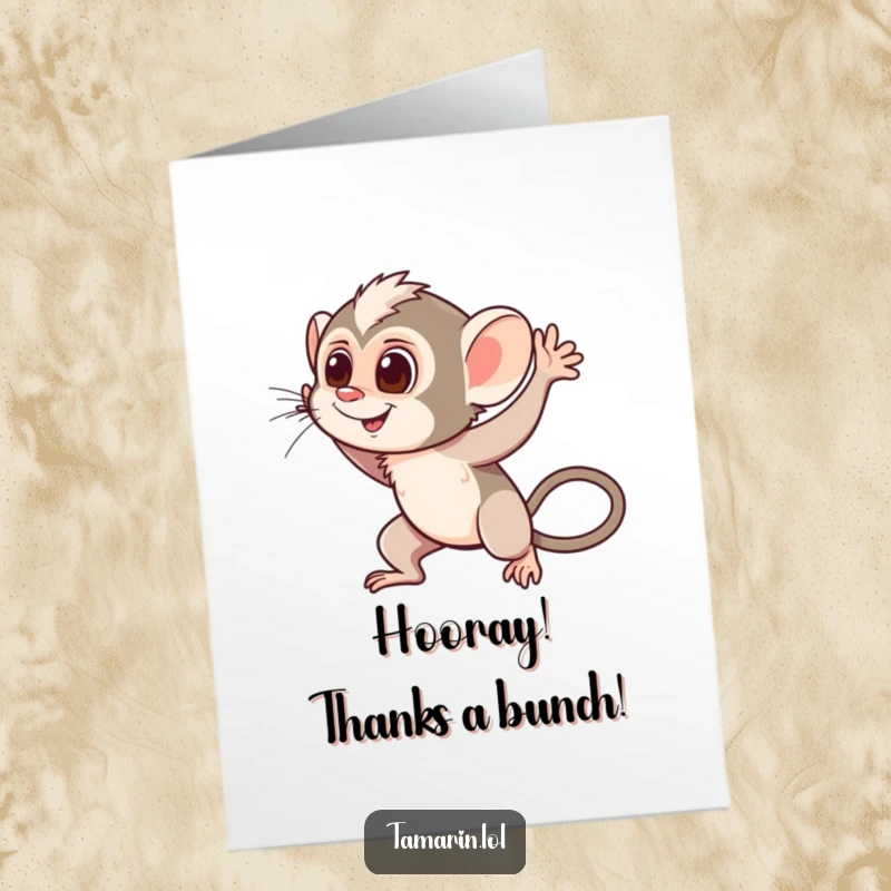 Free Printable Thank You Card: A tamarin waves energetically with motion lines, sending a quick and heartfelt thank you.