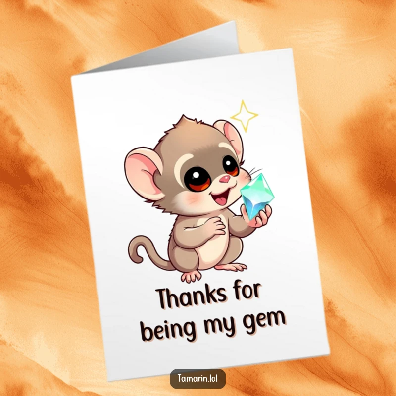 Funny Free Printable Tamarin Thank You Card: A tamarin character awestruck by a large, glittering gem.