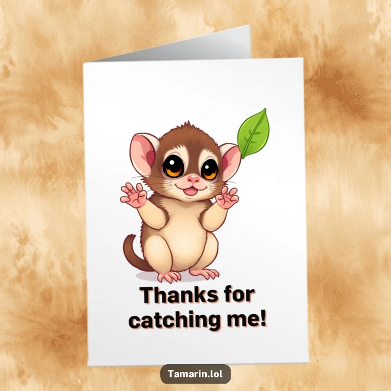 Free Printable Thank You Card featuring a tamarin intently trying to catch a delicate falling leaf with its small hands.