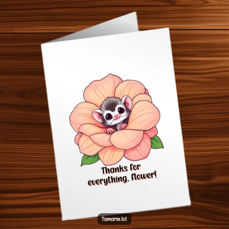 Funny Free Printable Thank You Card: Adorable tamarin hiding behind a massive flower, a delightful downloadable message.