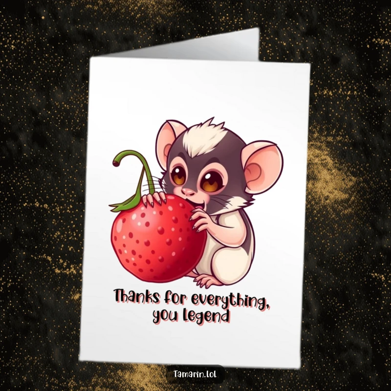 Funny Free Printable Thank You Card: Tamarin savors a giant berry, expressing heartfelt, humorous gratitude.