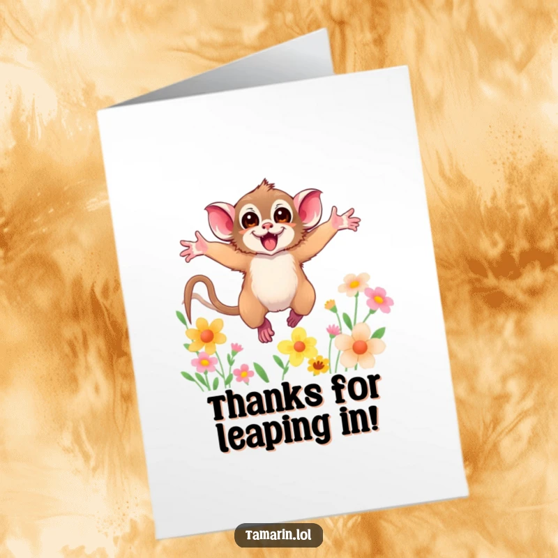 Funny Free Printable Thank You Card: A tamarin joyfully leaping through colorful flowers, expressing sincere thanks.