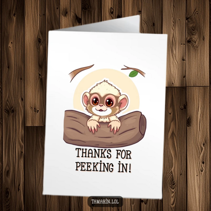 Funny Free Printable Thank You Card featuring a curious tamarin monkey peeking from a log, a delightful way to say thanks.