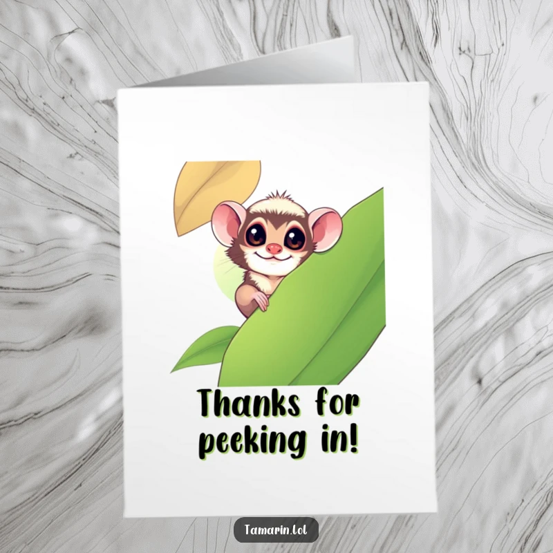 Funny Free Printable Thank You Card: Tamarin peeking from behind a big leaf, conveying thanks with a playful spirit.