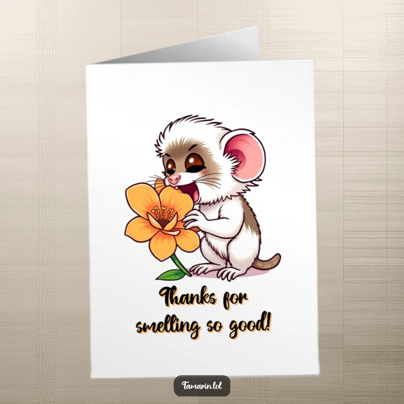 Funny Free Printable Thank You Card: Tamarin delightedly sniffing a large, colorful flower, conveying thanks.
