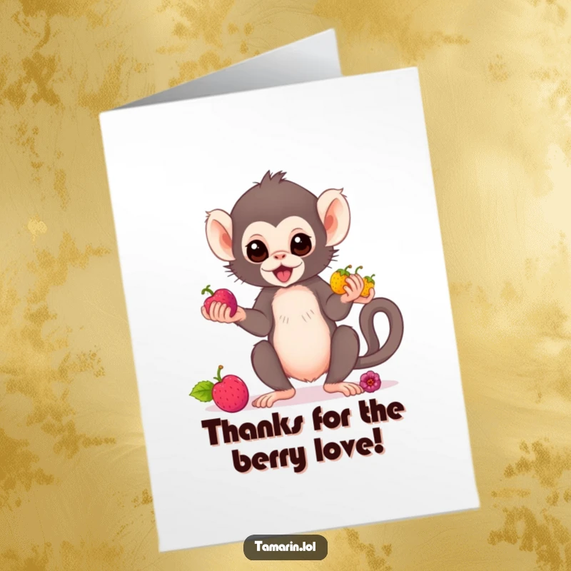 Funny Free Printable Thank You Card: A cute tamarin monkey juggles berries, sending thanks with a smile.