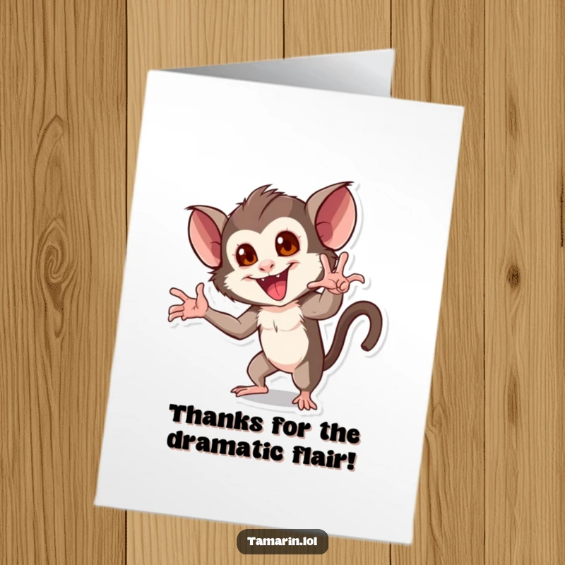 Funny Free Printable Thank You Card of a tamarin striking an exaggerated, dramatic pose to express immense gratitude.