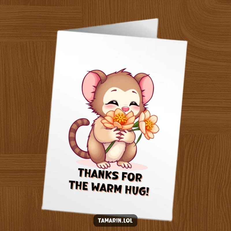 Funny Free Printable Thank You Card: Tamarin character affectionately hugging a flower, conveying heartfelt thanks.