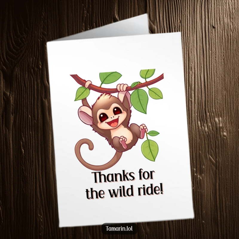 Funny Free Printable Thank You Card: A tamarin joyfully swinging on a vine, expressing gratitude with a big grin.