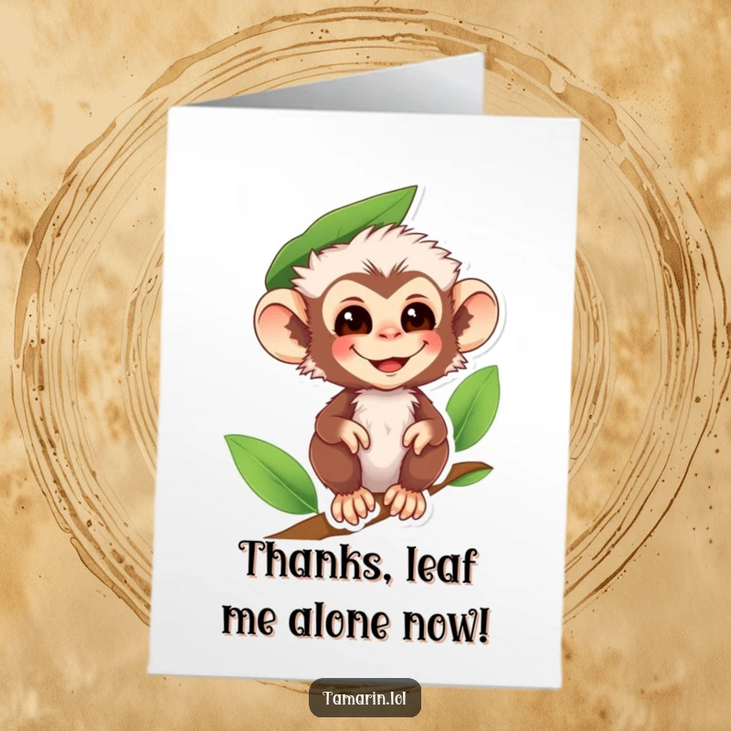 Funny Free Printable Thank You Card: A smiling tamarin monkey wears a leaf hat, conveying thanks with a grin.