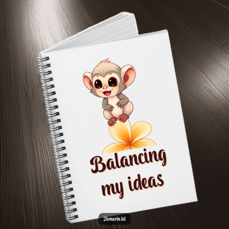 Funny tamarin monkey notebook featuring a happy primate balancing on a flower petal, ideal for notes with a touch of charm.