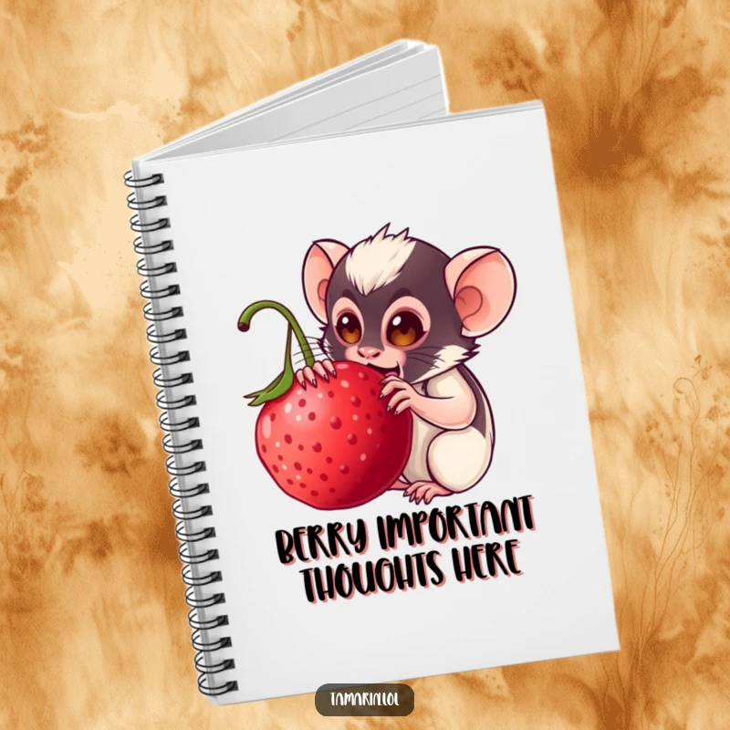 Funny tamarin notebook: a cute monkey with a big berry on its cover, ready for writing, drawing, or journaling with a humorous touch.