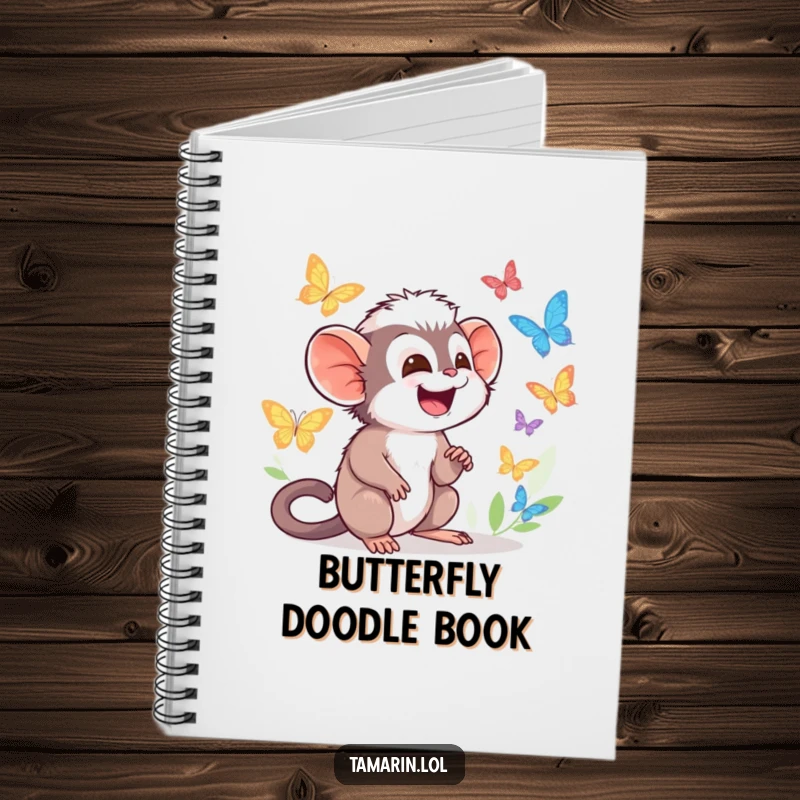 Funny Tamarin Notebook featuring character giggling while watching colorful butterflies flutter by, perfect for notes.