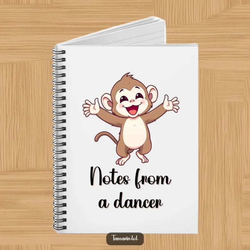 Funny notebook cover with a joyful tamarin monkey with arms wide, spinning around, encouraging happy thoughts and creativity.